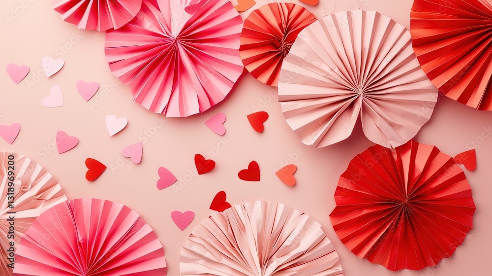 Obraz premium A heap of gentle pink and red hearts formed by Chinese paper fans are flying on a soft pink color background, serving as an eye-catching header. The delicate hearts, with their charming pink and red 