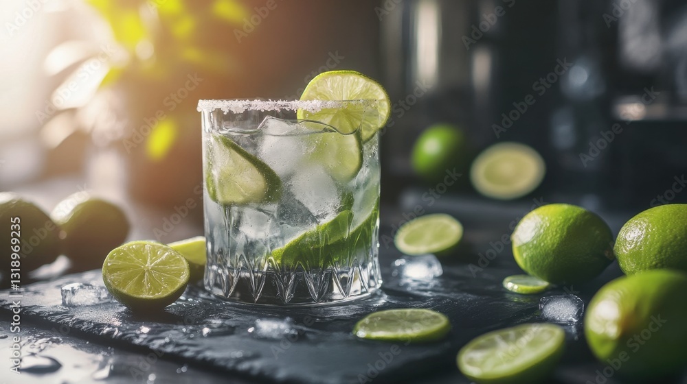 Fototapeta premium Imagen de un cóctel con limón y hielo