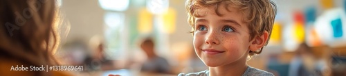 Young boy with a curious look in a bright classroom setting focused on a conversation with someone nearby. Generative AI