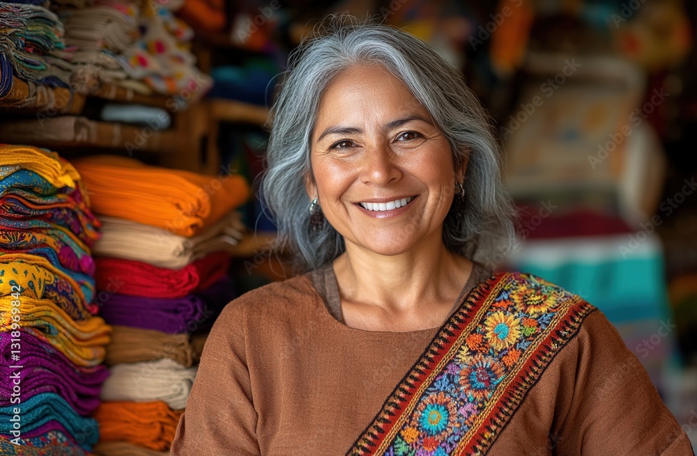 A portrait of an attractive, smiling middle-aged Mexican woman with gray hair wearing a traditional embroidered brown top A portrait of an attractive, smiling middle-aged Mexican woman with gray hair wearing a traditional embroidered brown top