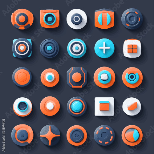 Abstract 3D Geometric Shapes in Orange, Blue and White on Dark Background