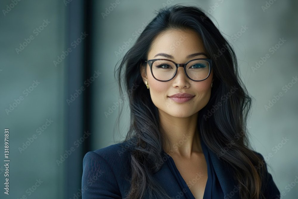 Professional portrait of a confident woman with glasses, dressed in a dark suit, standing against a modern, minimalist backdrop, exuding empowerment and professionalism Professional portrait of a confident woman with glasses, dressed in a dark suit, standing against a modern, minimalist backdrop, exuding empowerment and professionalism