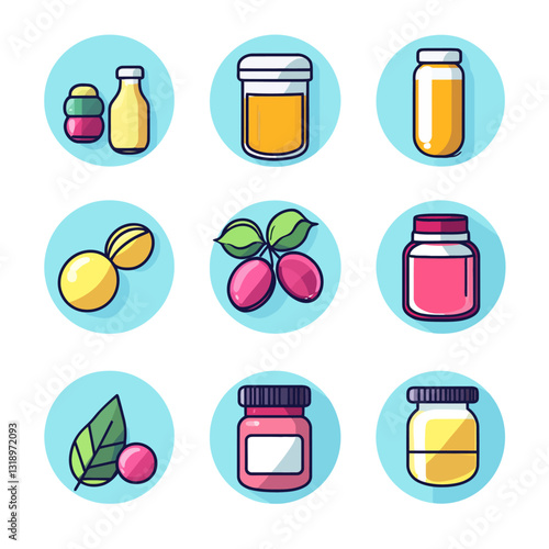 Vitamin supplement capsules and containers on blue backdrop illustration