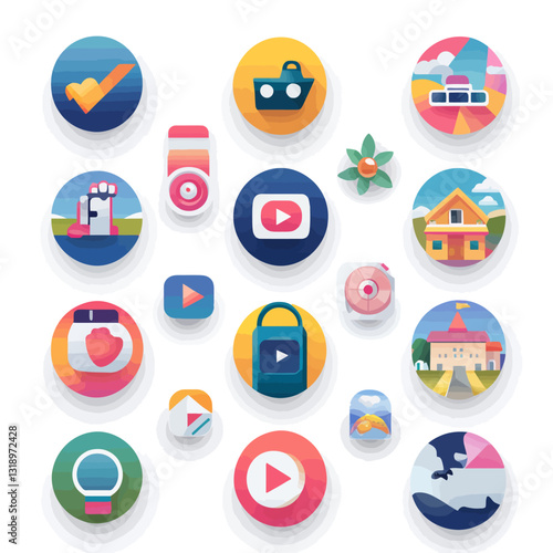 Colorful app icons representing diverse functions and utilities on white