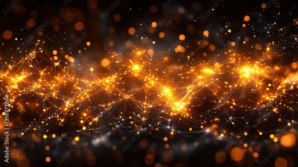 Fototapeta premium Abstract glowing network connection. Golden nodes and lines against a dark background, perfect for technology, science, or futuristic concepts.