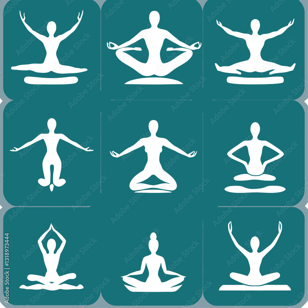 Yoga Poses Pictogram Set, Meditative Positions on Blue, Zen Lifestyle Yoga Poses Pictogram Set, Meditative Positions on Blue, Zen Lifestyle
