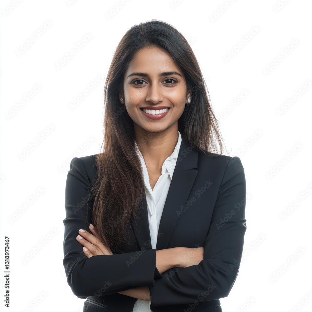 Professional woman in a business suit confidently smiling with arms crossed, set against a clean white background, ideal for corporate or professional use Professional woman in a business suit confidently smiling with arms crossed, set against a clean white background, ideal for corporate or professional use