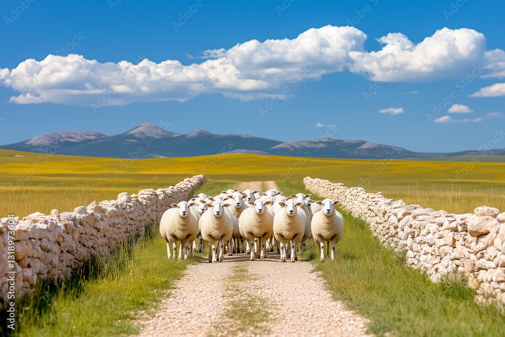 Fototapeta premium Sheep move together along a narrow path framed by rustic stone walls, entering an open gate, while bright clouds float in the azure sky above the expansive landscape