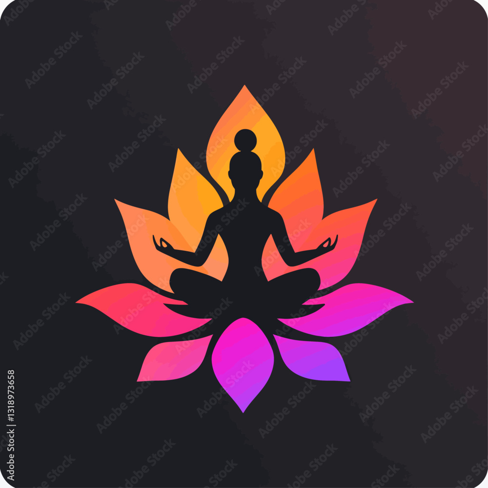 Silhouette Meditating in Lotus Position on Gradient Lotus Flower Silhouette Meditating in Lotus Position on Gradient Lotus Flower