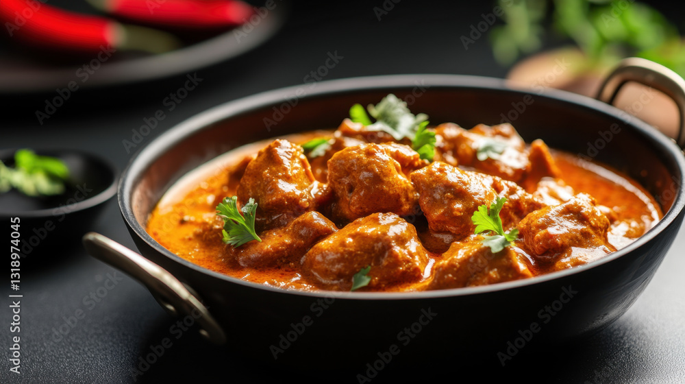 Delicious Indian curry with tender meat pieces, rich sauce, and fresh herbs. This vibrant dish is perfect for sharing and brings warmth to any meal Delicious Indian curry with tender meat pieces, rich sauce, and fresh herbs. This vibrant dish is perfect for sharing and brings warmth to any meal