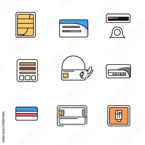 Set of credit cards, chip, reader and other financial elements icons