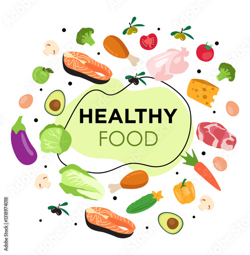Illustration of healthy food on a white background.