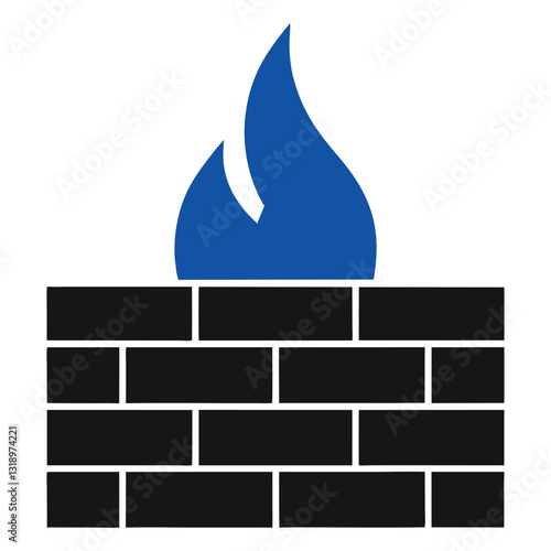 A black brick wall graphic with a single blue flame icon symbolizing network firewall, cybersecurity, and digital protection. Perfect for security themes and firewall concepts.