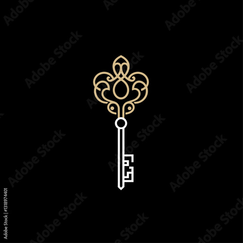 Antique Key with Intricate Design on Black Background, Luxury Concept