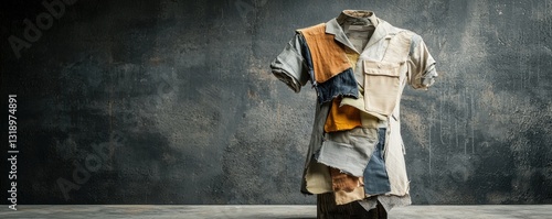 An artistic display of a mannequin dressed in a patchwork shirt, set against a textured dark background, showcasing creativity in fashion design.