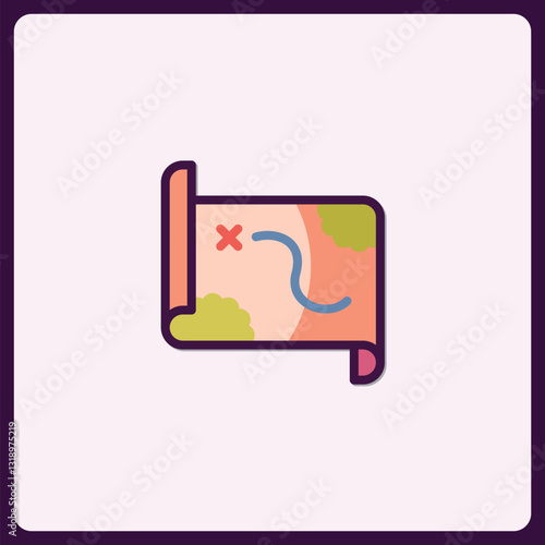 Colorful Vector Treasure Map Icon with Location X Mark and Blue Winding Route