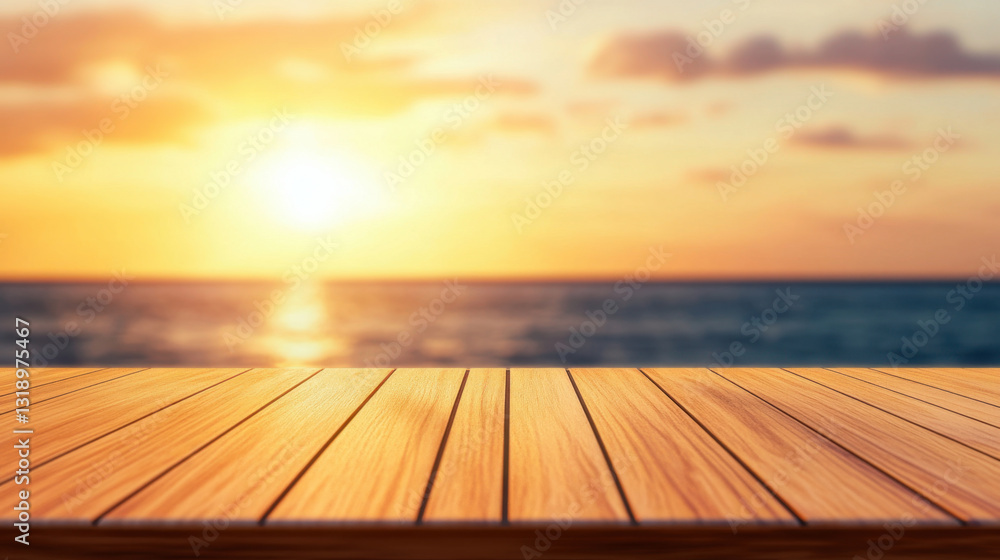 serene sunset over ocean, with wooden deck in foreground, creating peaceful atmosphere. warm colors of sky reflect on water, enhancing tranquil scene serene sunset over ocean, with wooden deck in foreground, creating peaceful atmosphere. warm colors of sky reflect on water, enhancing tranquil scene