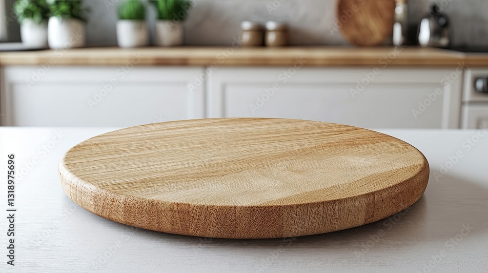 Empty beautiful round wooden table top on clean and bright kitchen background ready for display banner for product montage. Empty beautiful round wooden table top on clean and bright kitchen background ready for display banner for product montage.