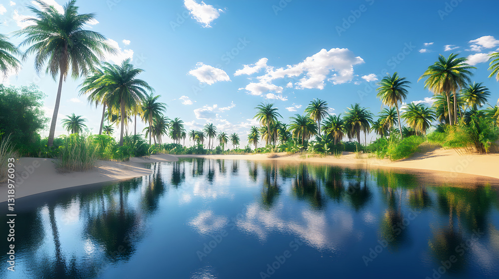Tropical palm trees stand in the clear blue water under a summer sky, a serene nature landscape Tropical palm trees stand in the clear blue water under a summer sky, a serene nature landscape
