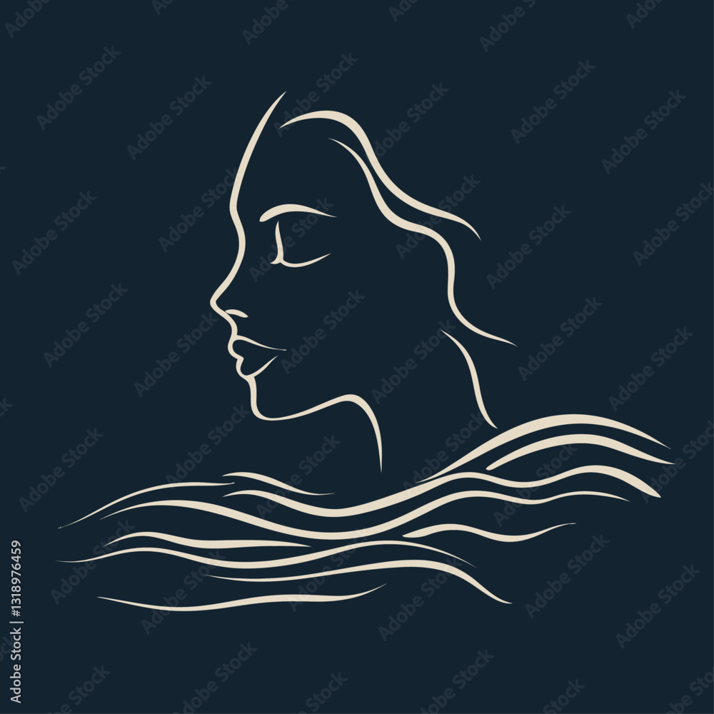 Elegant Woman in Water - Serene Line Art Portrait with Flowing Waves Elegant Woman in Water - Serene Line Art Portrait with Flowing Waves