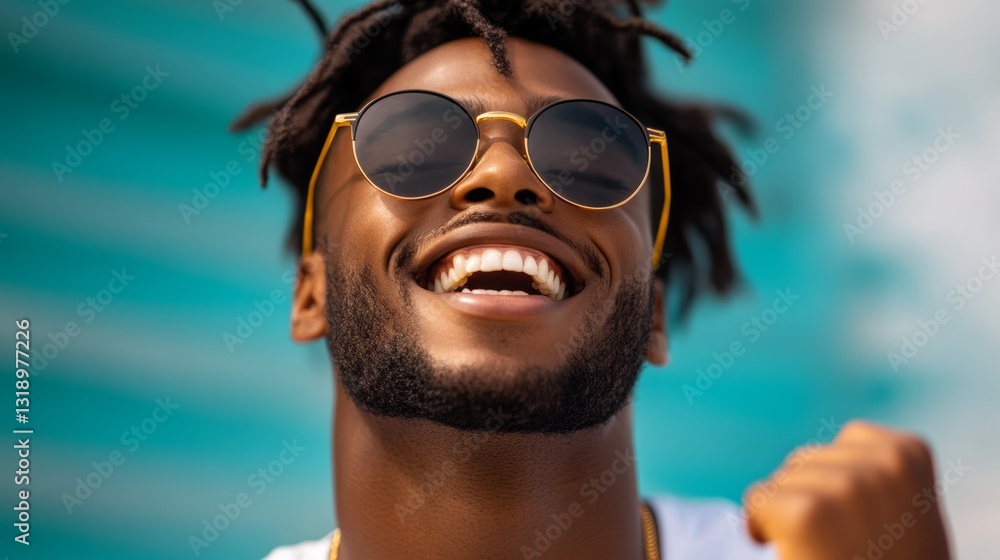 Man with a shaved head and a gold rimmed sunglasses is smiling. He is wearing a white shirt and a gold chain Man with a shaved head and a gold rimmed sunglasses is smiling. He is wearing a white shirt and a gold chain