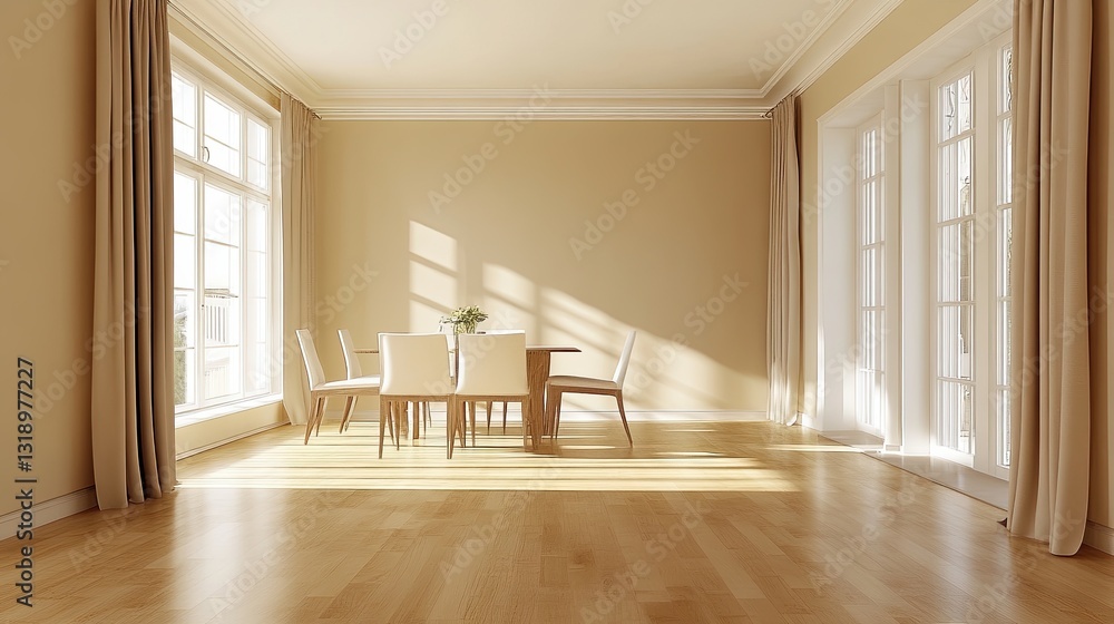 Obraz premium Modern apartment interior design, dining room with table and chairs, empty living room with beige wall.