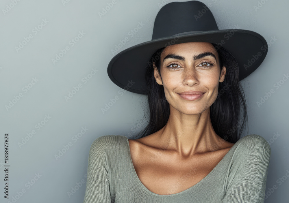 Woman with a stylish hat poses confidently against a gray background Woman with a stylish hat poses confidently against a gray background