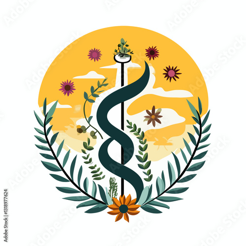 Botanical Caduceus Symbol Medical Wellness Health Nature and Healing Design