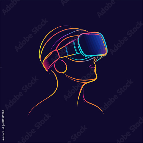 Woman in Neon VR Headset Experiencing Virtual Reality Simulation