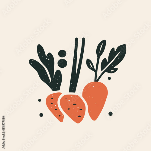 Groovy Carrots: Retro styled orange carrots with dark green textured leaves