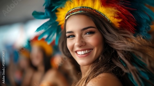 Woman wearing a colorful headdress and smiling. She is the center of attention. Concept of joy and celebration