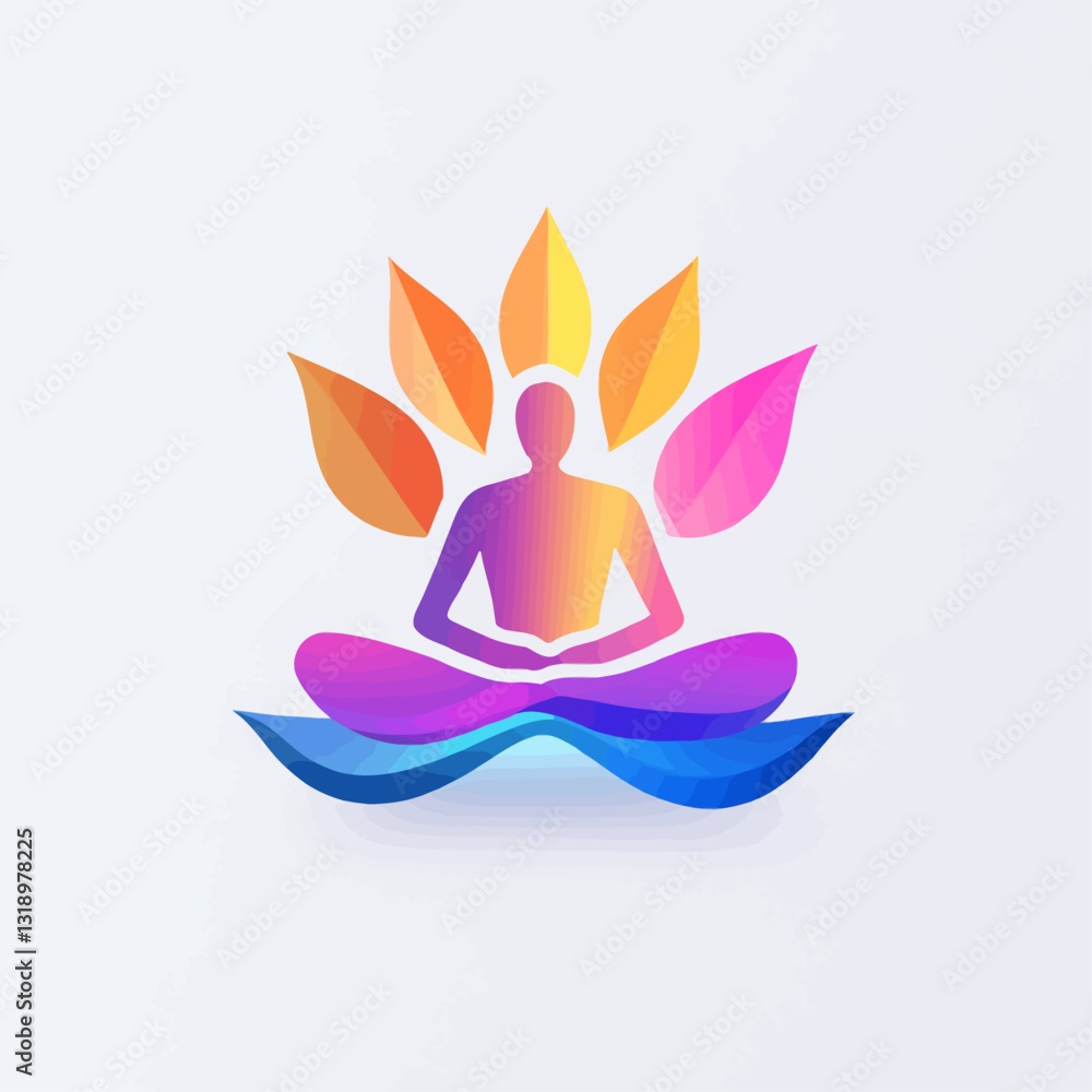 Colorful gradient figure in lotus position with abstract flower aura Colorful gradient figure in lotus position with abstract flower aura