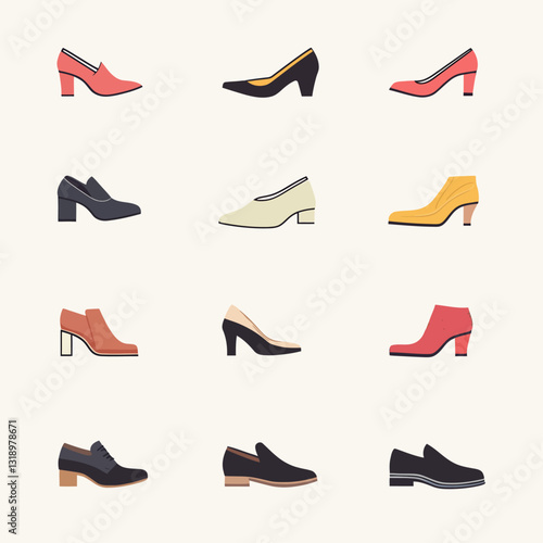 Assorted stylish high heels and low heel shoe styles for women and men