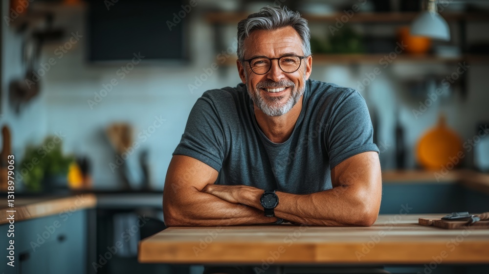 Man with glasses is smiling and posing for a picture in a kitchen. The kitchen is well-equipped with various appliances and utensils, including a refrigerator, oven, and microwave Man with glasses is smiling and posing for a picture in a kitchen. The kitchen is well-equipped with various appliances and utensils, including a refrigerator, oven, and microwave