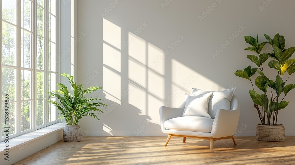 Fototapeta premium Modern living room with white armchair and wooden floor on white wall. big windows. sunlight falls.