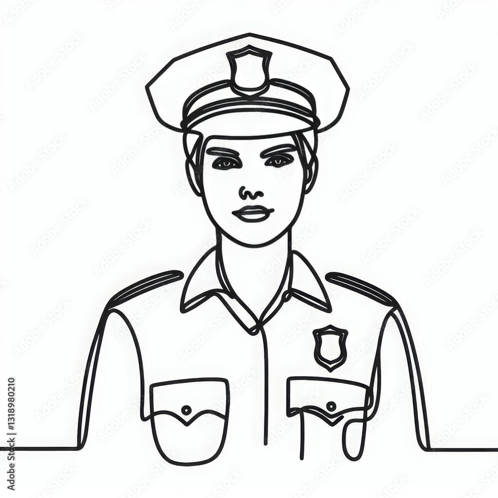A black and white continuous line drawing of a law enforcement officer