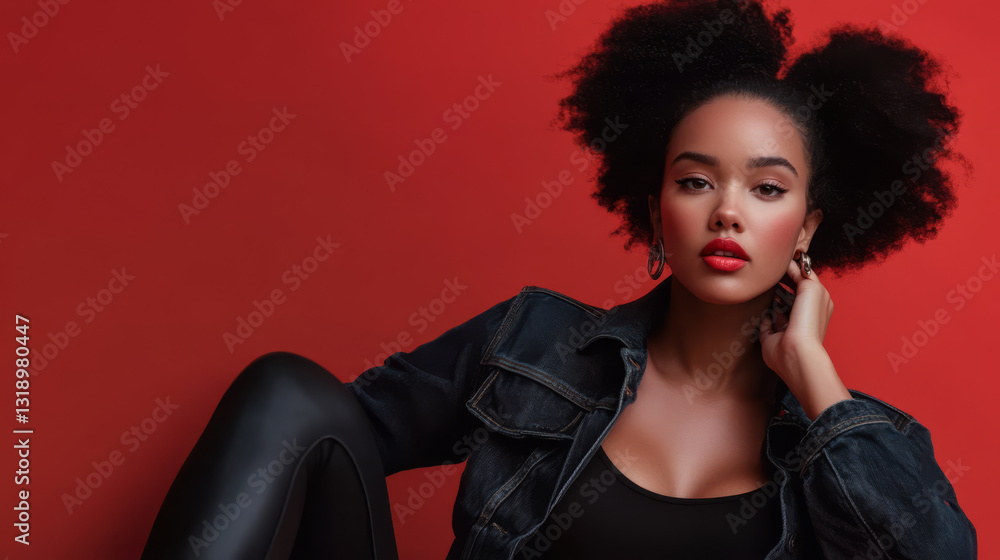 Model poses confidently against a vibrant red background showcasing a modern look and style Model poses confidently against a vibrant red background showcasing a modern look and style