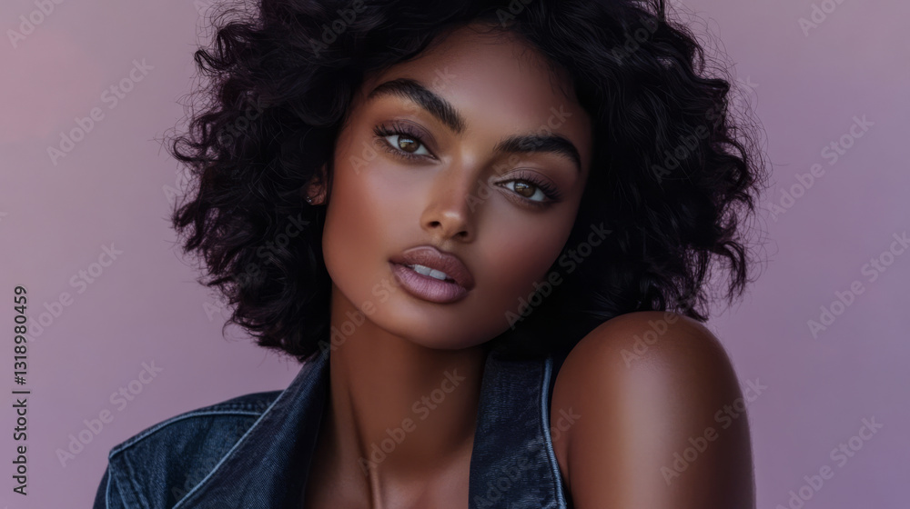 Stunning woman with curly hair posing against a soft pink background in natural light Stunning woman with curly hair posing against a soft pink background in natural light