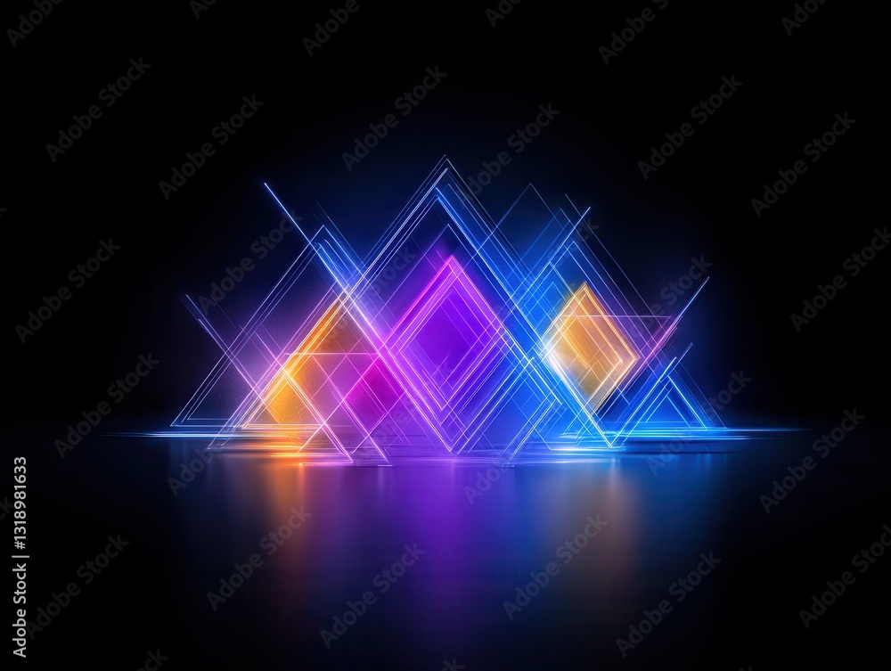 Vibrant geometric light display with colorful neon shapes on a dark background