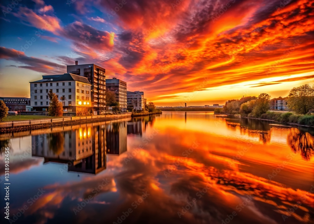 Dark Orange Sunset River Reflection - Architectural Photography Dark Orange Sunset River Reflection - Architectural Photography