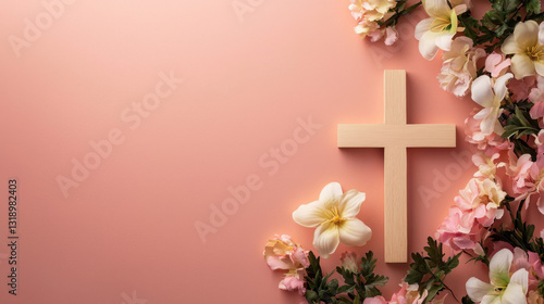 Easter,bunny,flower,Eggs,Rabbit E2A wooden cross surrounded by pastel-colored flowers on a soft pink background, symbolizing faith and renewal.