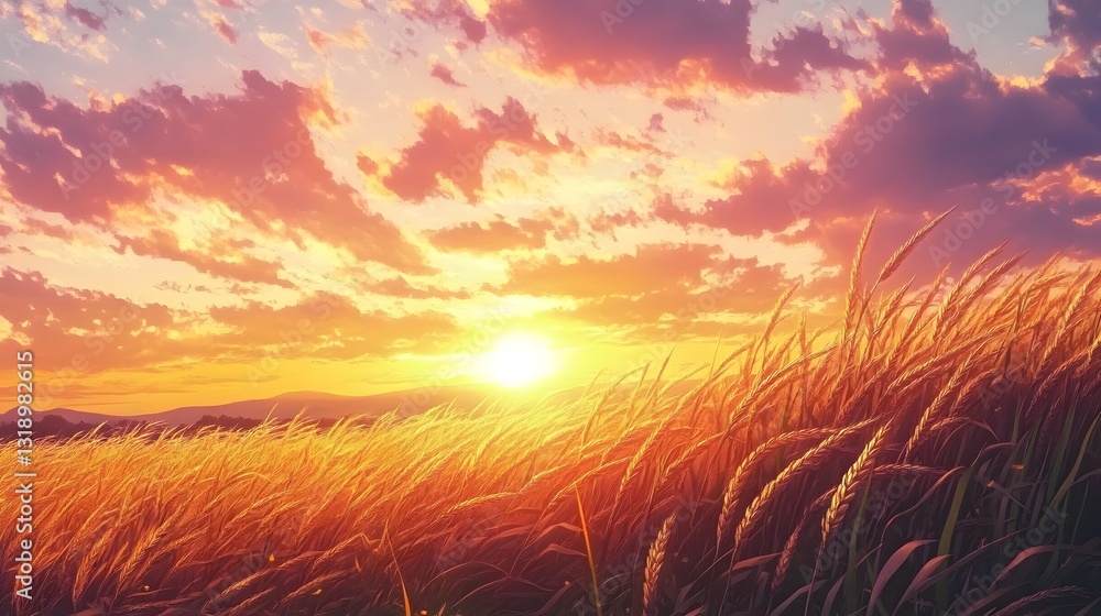 Fototapeta premium Golden Field Of Grain Beneath A Beautiful Sunset Sky