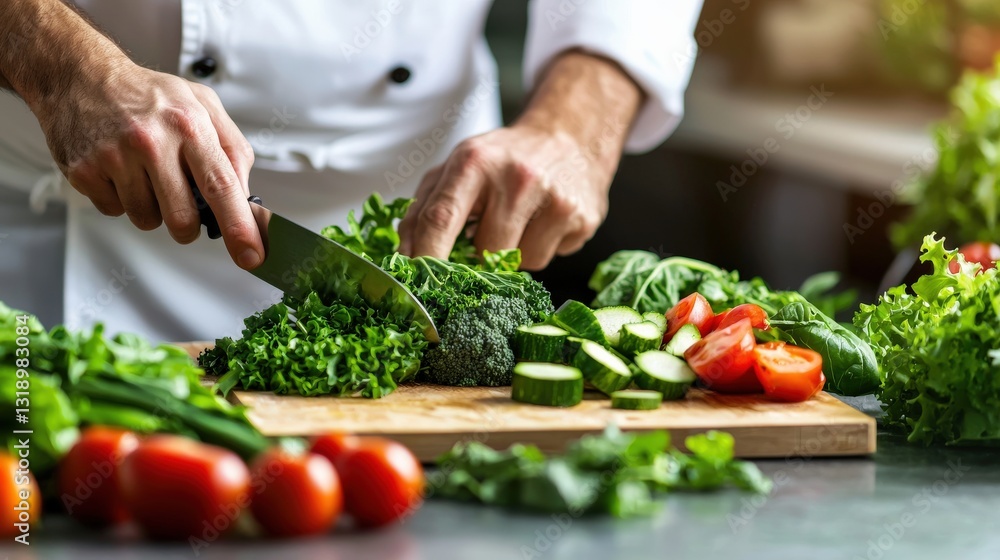 Fresh vegetables being chopped on a wooden cutting board. Fresh vegetables being chopped on a wooden cutting board.