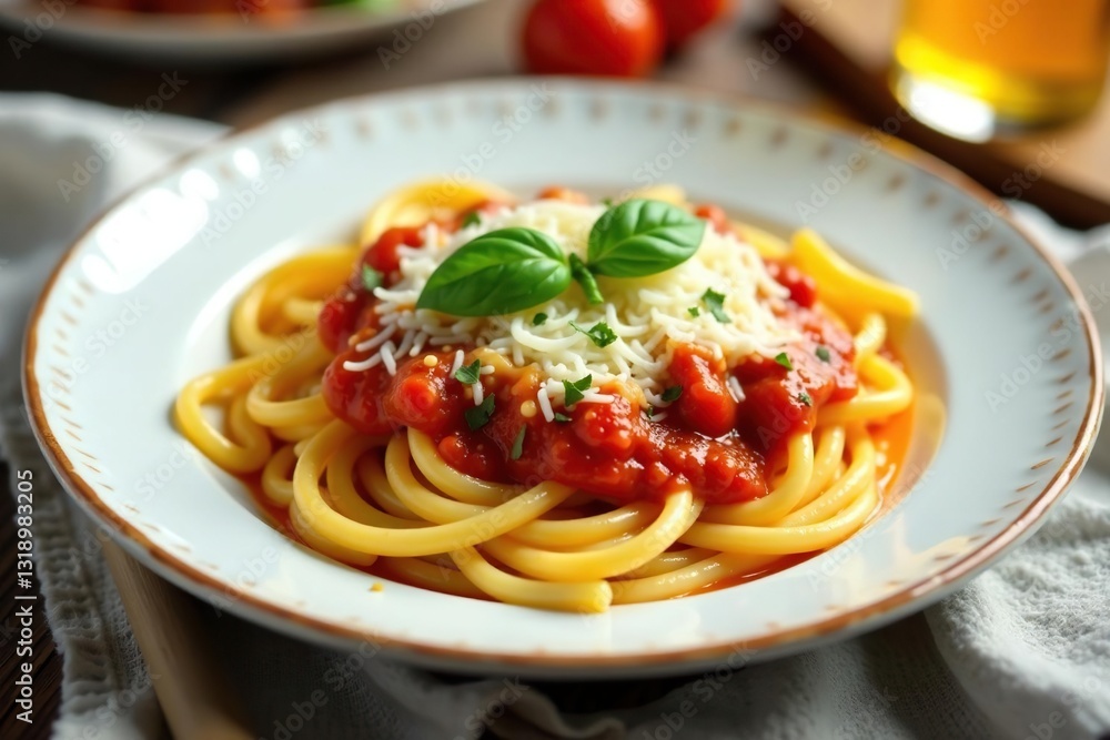 Spaghetti with homemade tomato sauce and melted mozzarella, cheesy, sauce Spaghetti with homemade tomato sauce and melted mozzarella, cheesy, sauce