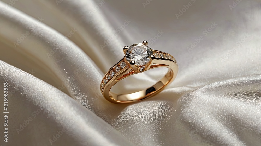 A gold and diamond ring sits on a white cloth A gold and diamond ring sits on a white cloth