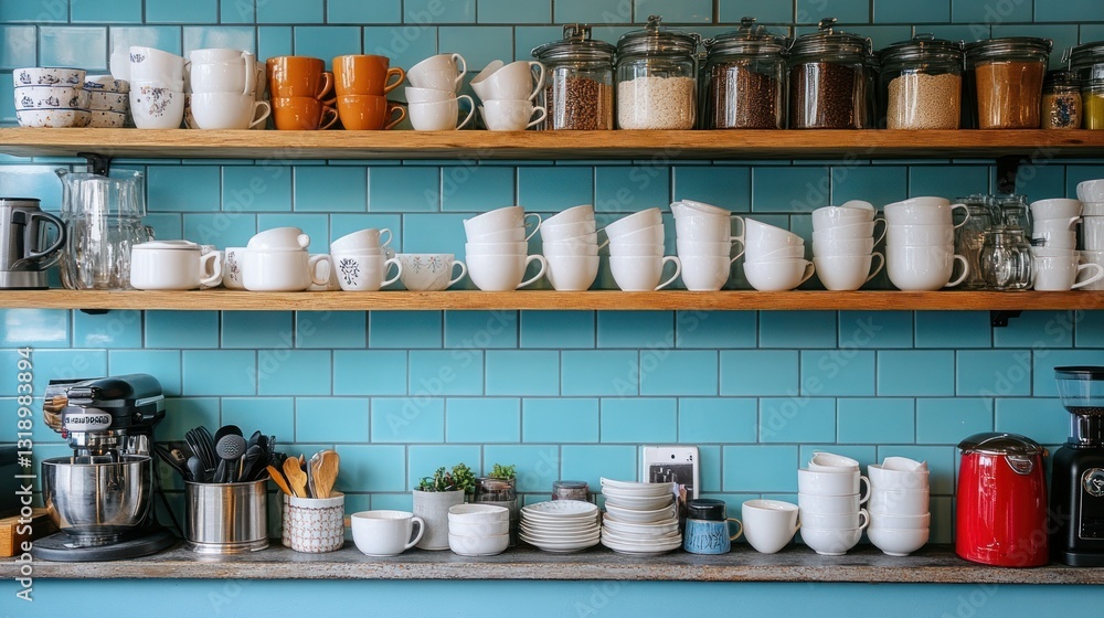 Organized kitchenware displayed on wooden shelves against a teal tiled wall Organized kitchenware displayed on wooden shelves against a teal tiled wall