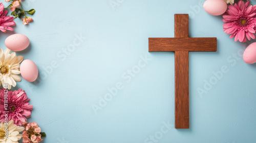 Easter,bunny,flower,Eggs,Rabbit E2A wooden cross surrounded by colorful flowers and pastel eggs on a light blue background, symbolizing Easter and renewal.