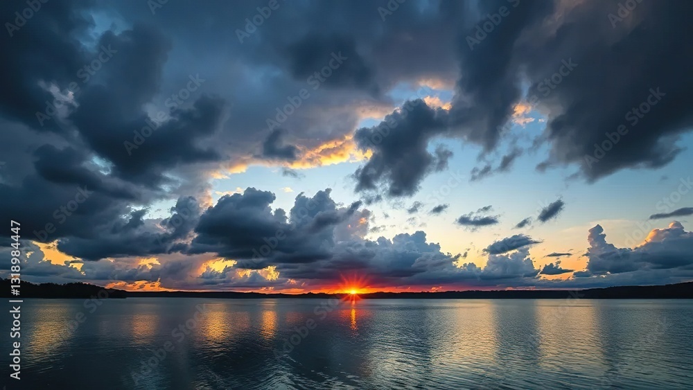 Dark gray clouds gather above a serene lake at sunset, lake, landscape Dark gray clouds gather above a serene lake at sunset, lake, landscape