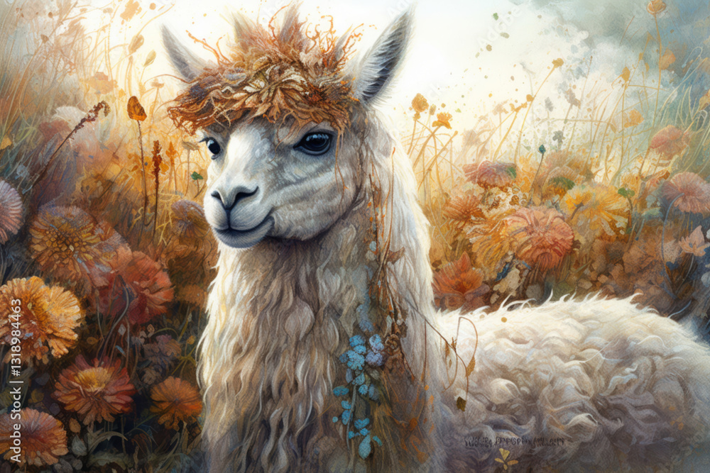 Fototapeta premium llama among the grass., watercolor style, Generative AI