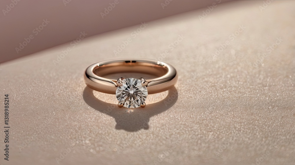 A diamond ring with a gold band sits on a table A diamond ring with a gold band sits on a table